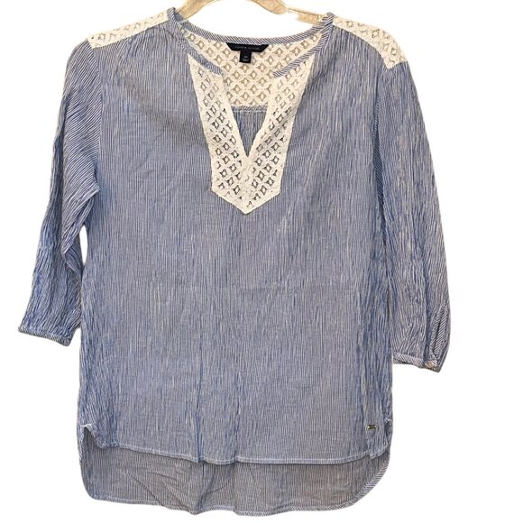 Tommy Hilfiger Blue White Stripe Boho Lace Blouse Size Small Petite - Picture 1 of 5